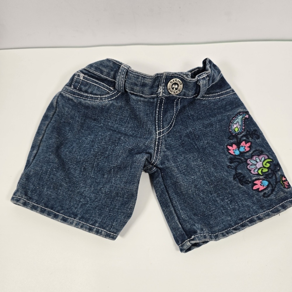 Build A Bear Jean Shorts Denim Elastic Waist Button Tail Hole Embroidery Paisley